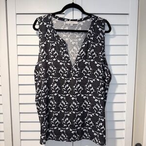 LOFT Womens Sleeveless V Neck Floral Print Top XXL Black White‎